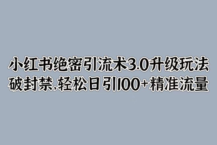 小红书绝密引流术3.0升级玩法，破封禁，轻松日引100+精准流量创业吧-网创项目资源站-副业项目-创业项目-搞钱项目创业吧