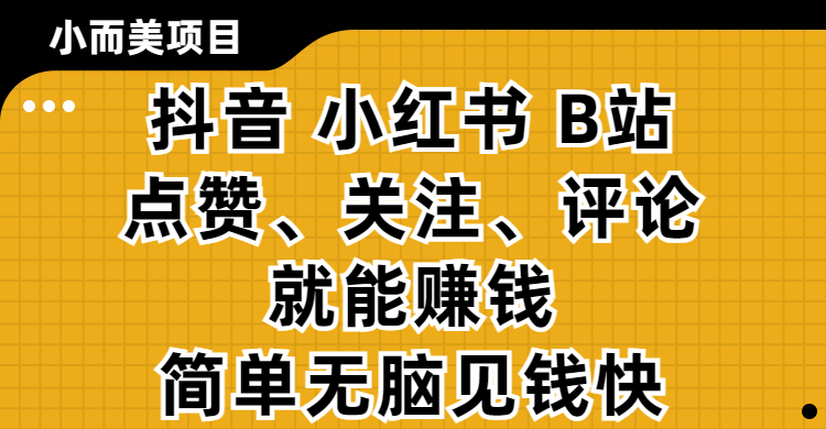 小而美的项目，抖音、小红书、B站视频点赞、关注、评论就能赚钱，简单无脑立见收益！妥妥的零撸项目创业吧-网创项目资源站-副业项目-创业项目-搞钱项目创业吧