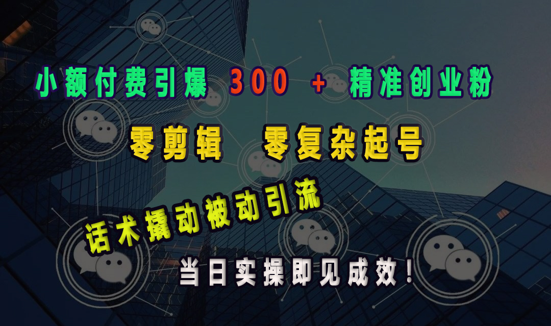 小额付费引爆 300 + 精准创业粉，零剪辑、零复杂起号，话术撬动被动引流，当日实操即见成效！创业吧-网创项目资源站-副业项目-创业项目-搞钱项目创业吧